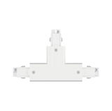 Witte T-vormige kunststof connector voor railsverlichting met schroeven.