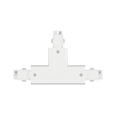 Witte T-vormige kunststof connector voor railsverlichting met schroeven.