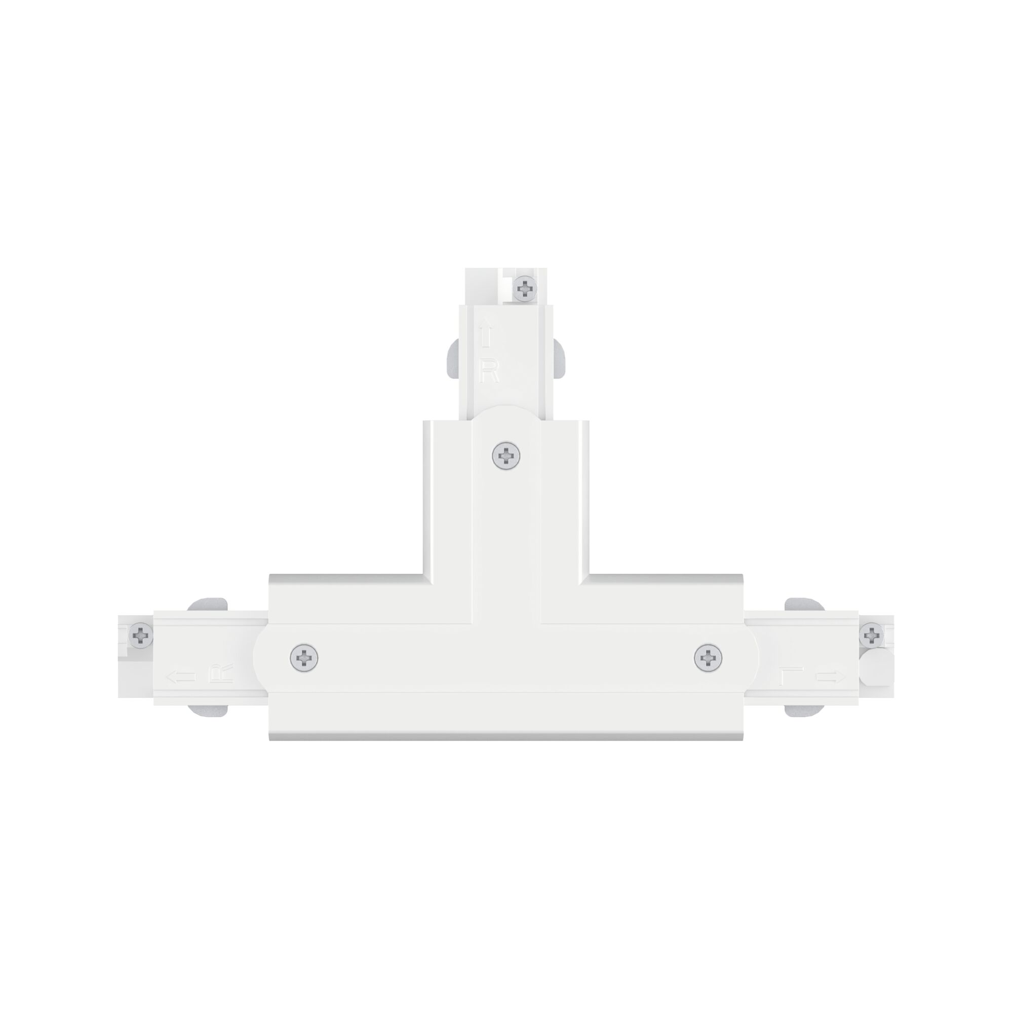 Witte T-vormige kunststof connector voor railsverlichting met schroeven.