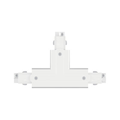 Witte T-vormige kunststof connector voor railsverlichting met schroeven.