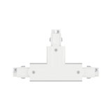 Connecteur en T blanc en plastique pour éclairage sur rail avec vis de fixation.