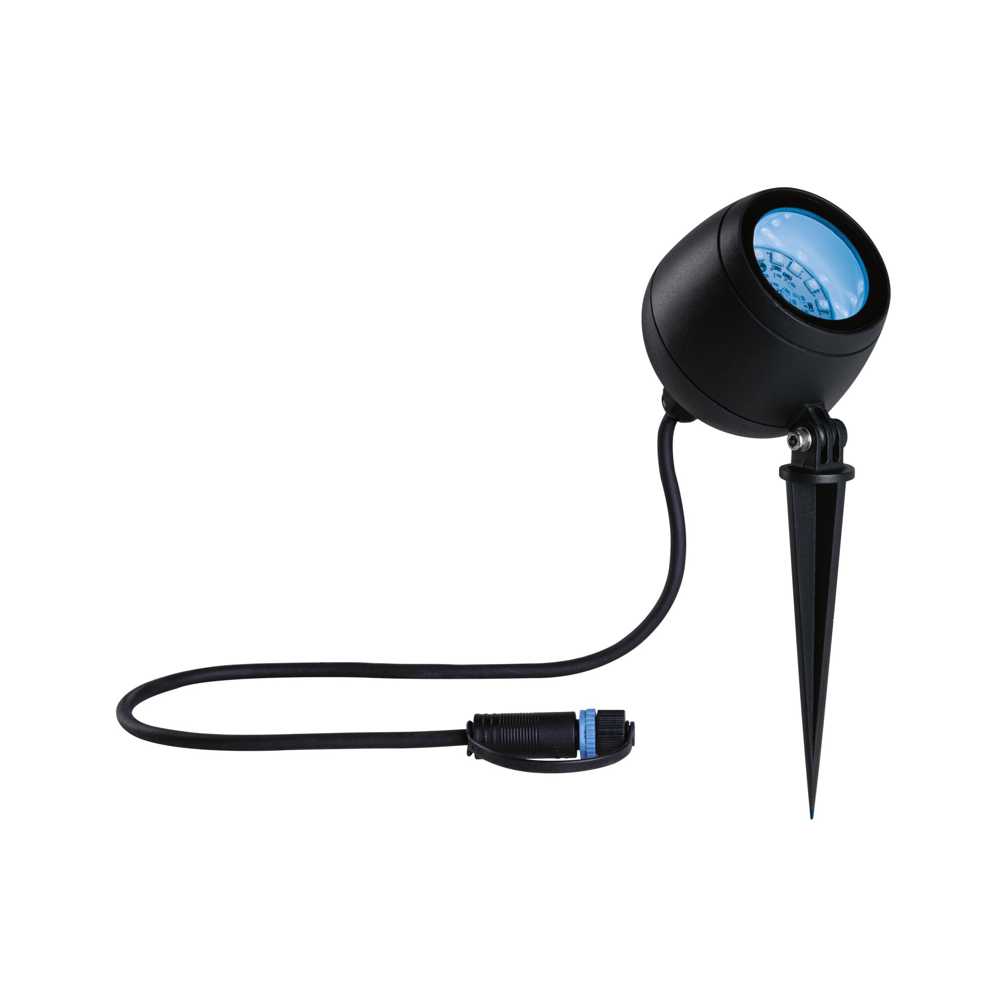 Black LED garden spotlight with ground spike and cable for outdoor lighting and landscape illumination