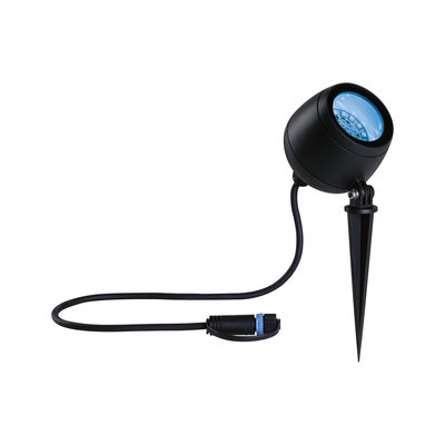 Black LED garden spotlight with ground spike and cable for outdoor lighting and landscape illumination