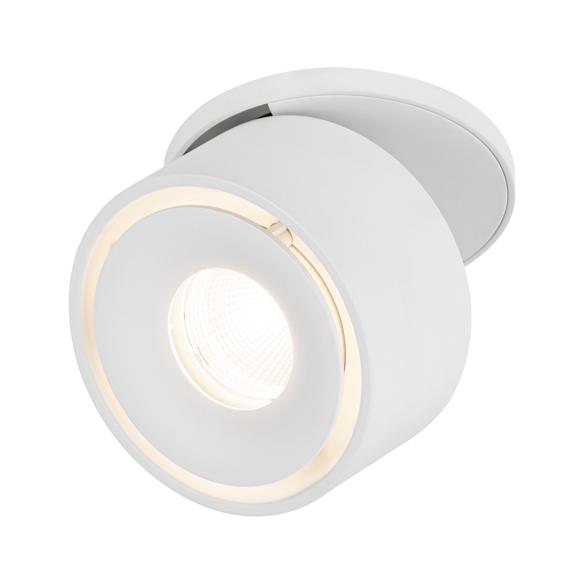 Round white metal LED ceiling spotlight with warm white light for modern interior lighting