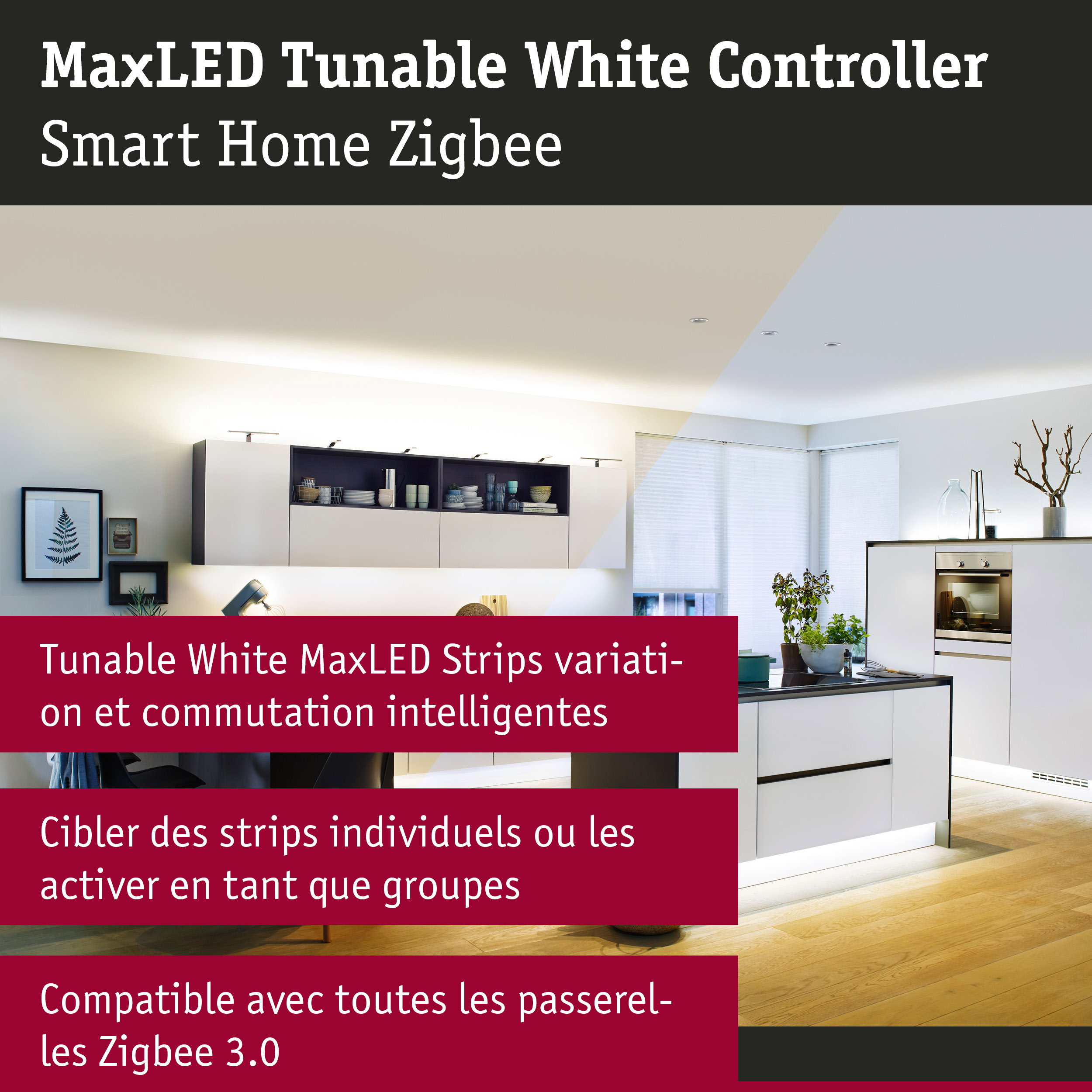 Cuisine blanche moderne avec éclairage LED et contrôle Smart Home Zigbee pour systèmes d'éclairage