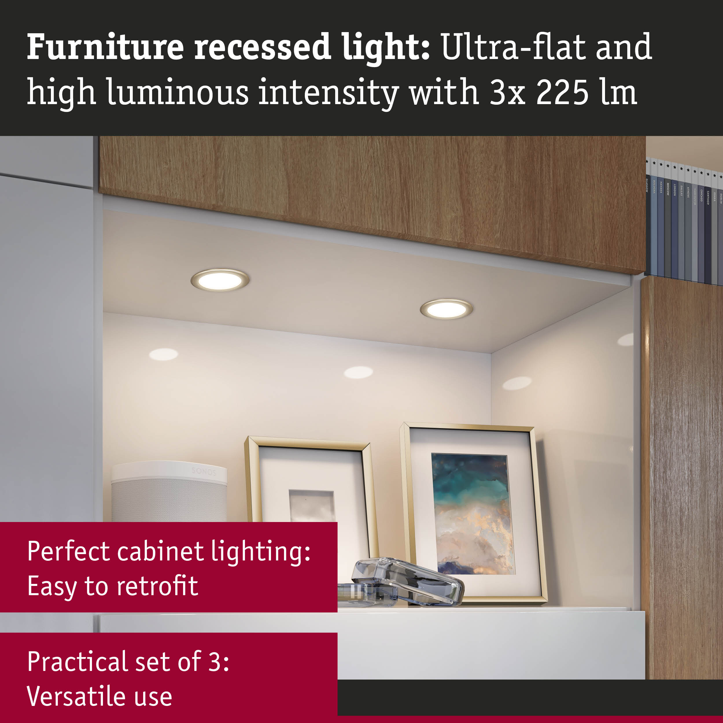 Ultra-flat white furniture recessed light with high brightness for versatile cabinet lighting