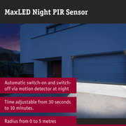 Modern white house facade featuring MaxLED Night PIR Sensor for automatic motion detector lighting