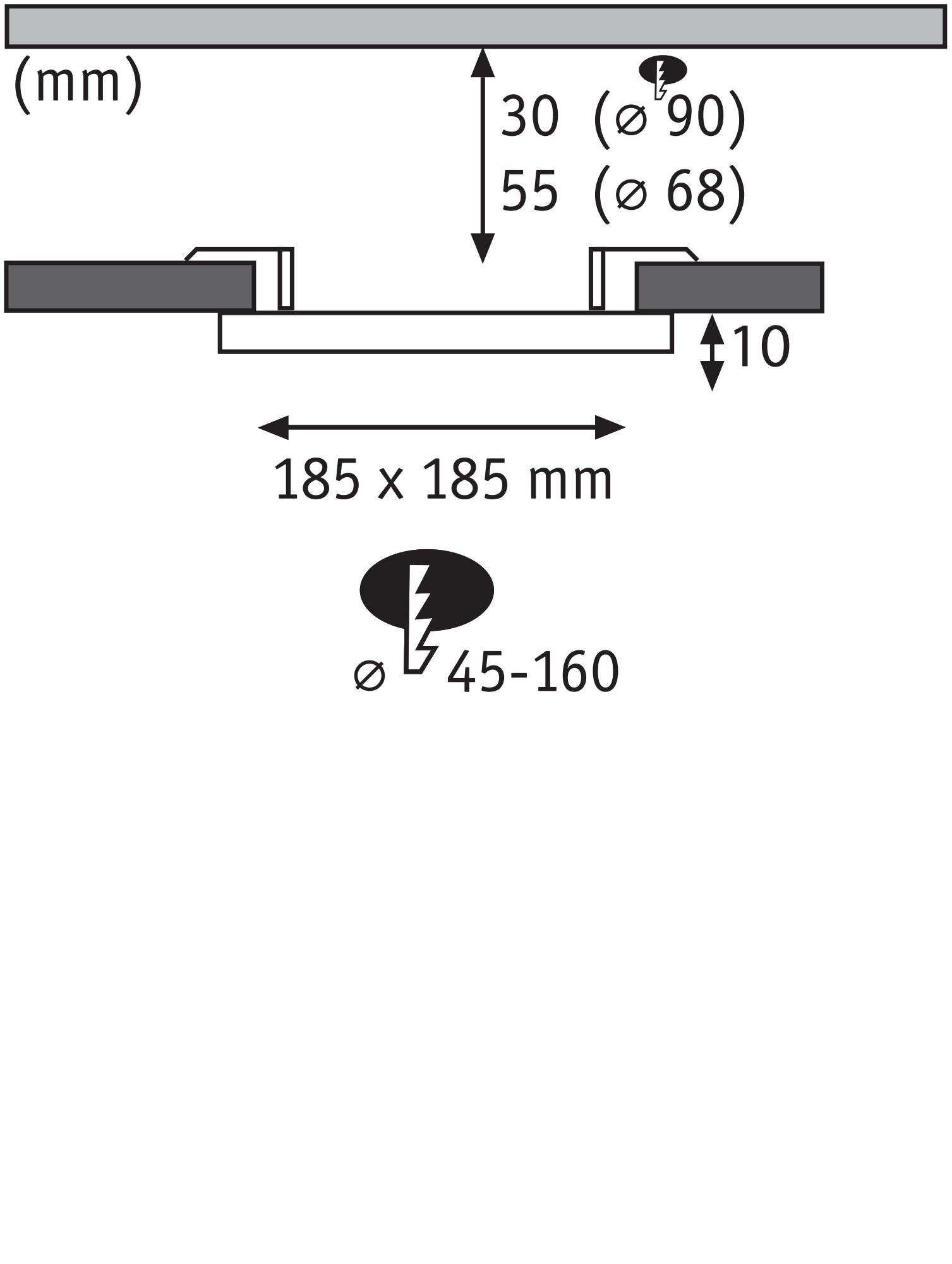 Technische Zeichnung mit Maßen 185x185 mm, Einbautiefe 30 mm, Durchmesser 90 mm für LED-Einbaustrahler