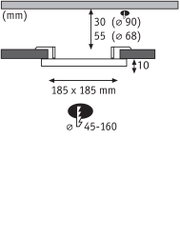 Technische Zeichnung mit Maßen 185x185 mm, Einbautiefe 30 mm, Durchmesser 90 mm für LED-Einbaustrahler