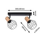 Black ceiling light with two adjustable wooden and metal lampshades, dimensions 300x80 mm.