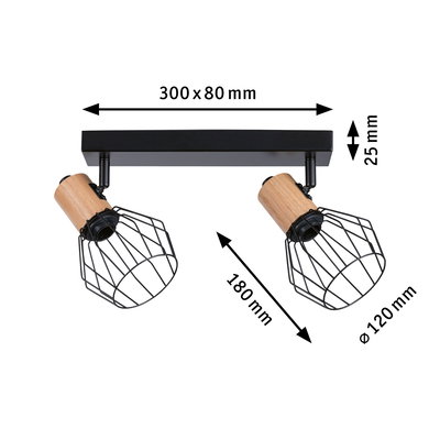 Black ceiling light with two adjustable wooden and metal lampshades, dimensions 300x80 mm.