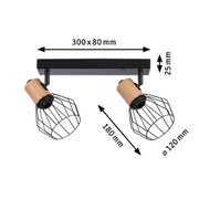 Black ceiling light with two adjustable wooden and metal lampshades, dimensions 300x80 mm.