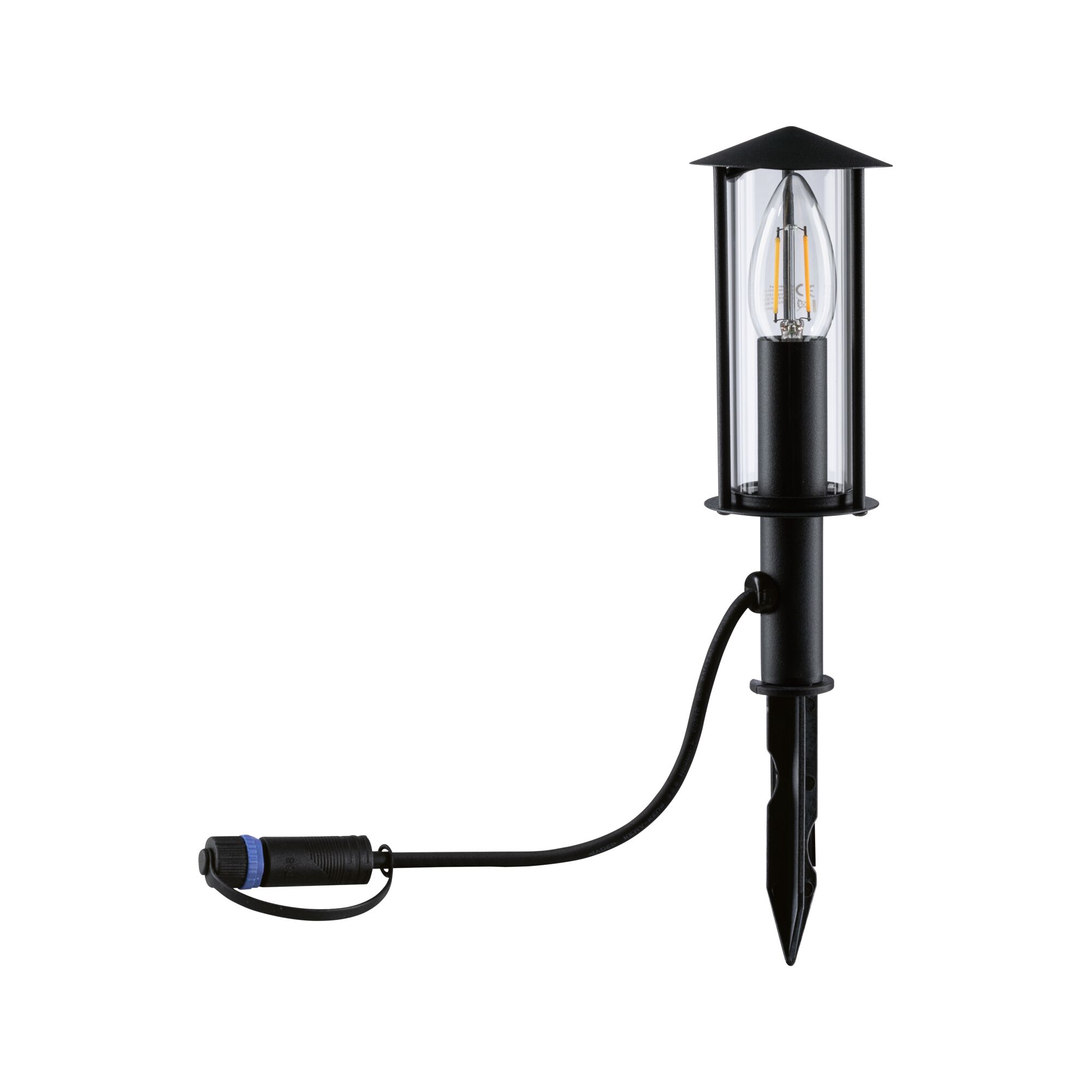 Schwarze LED-Gartenleuchte mit Erdspieß und transparentem Glas für Außenbeleuchtung im Garten.