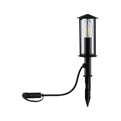 Black LED garden light with clear glass and ground spike for outdoor lighting
