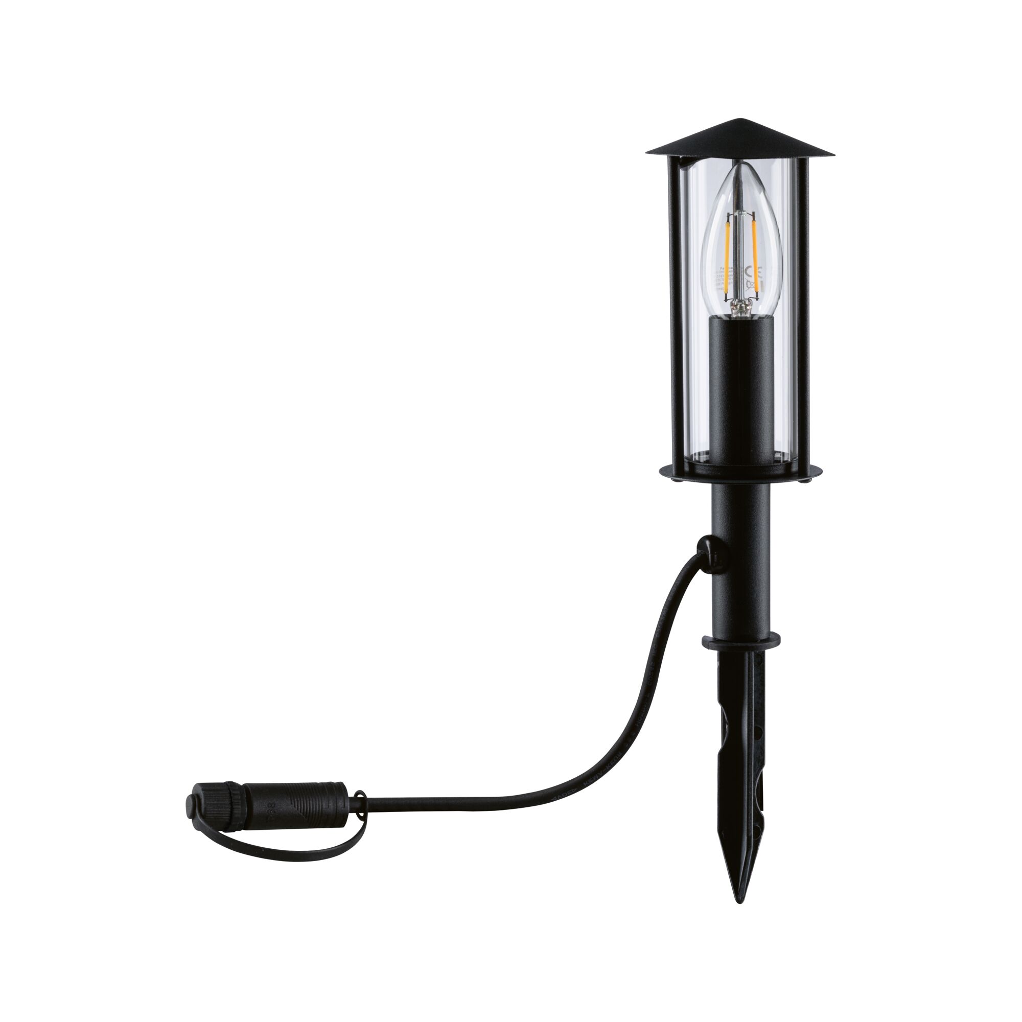 Lanterne de jardin LED noire avec verre transparent et piquet pour éclairage extérieur