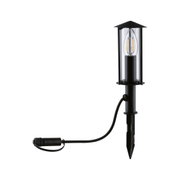 Schwarze LED-Gartenleuchte mit Erdspieß und transparentem Glas für Außenbeleuchtung im Garten.