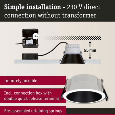 White recessed LED spotlight with black reflector, 55 mm depth, easy 230 V direct connection lighting solution