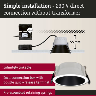 White recessed LED spotlight with black reflector, 55 mm depth, easy 230 V direct connection lighting solution