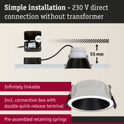 White recessed spotlight with black inner ring and connection box for simple 230V direct installation