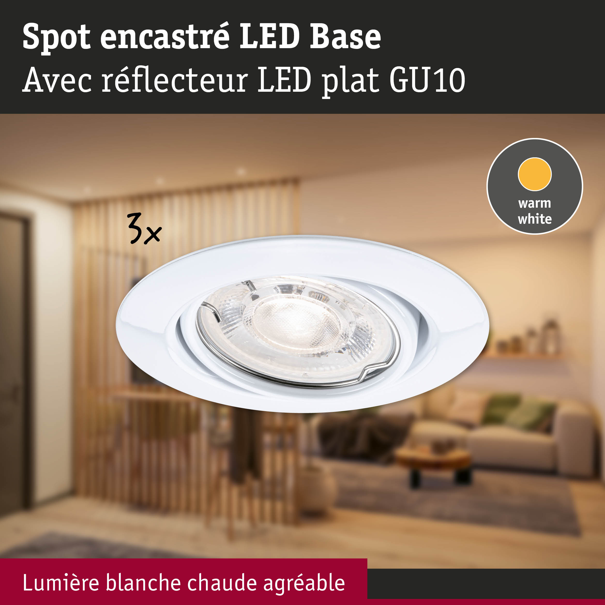 Spot encastré LED blanc avec réflecteur plat GU10 et lumière blanc chaud pour intérieur