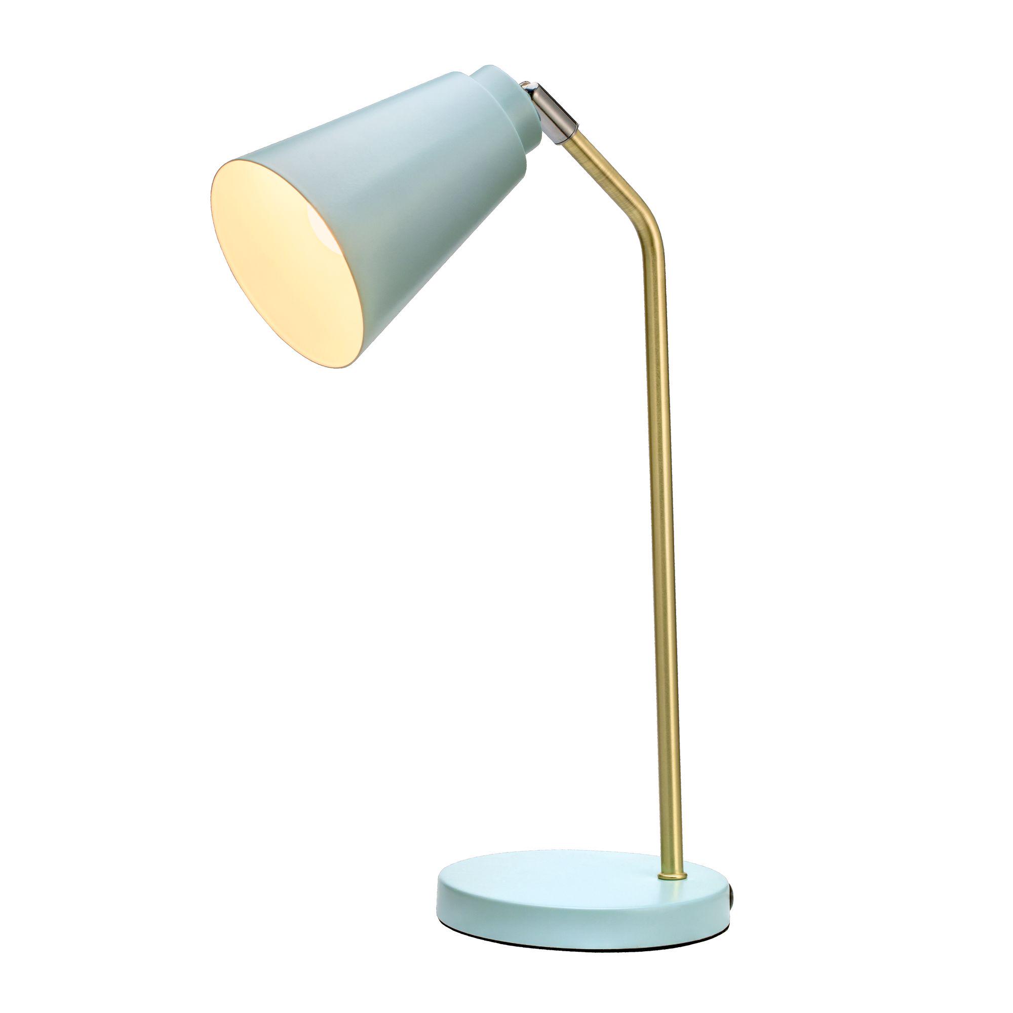 Moderne Schreibtischlampe aus Metall in Hellblau mit goldfarbenem Arm und warmweißem Licht