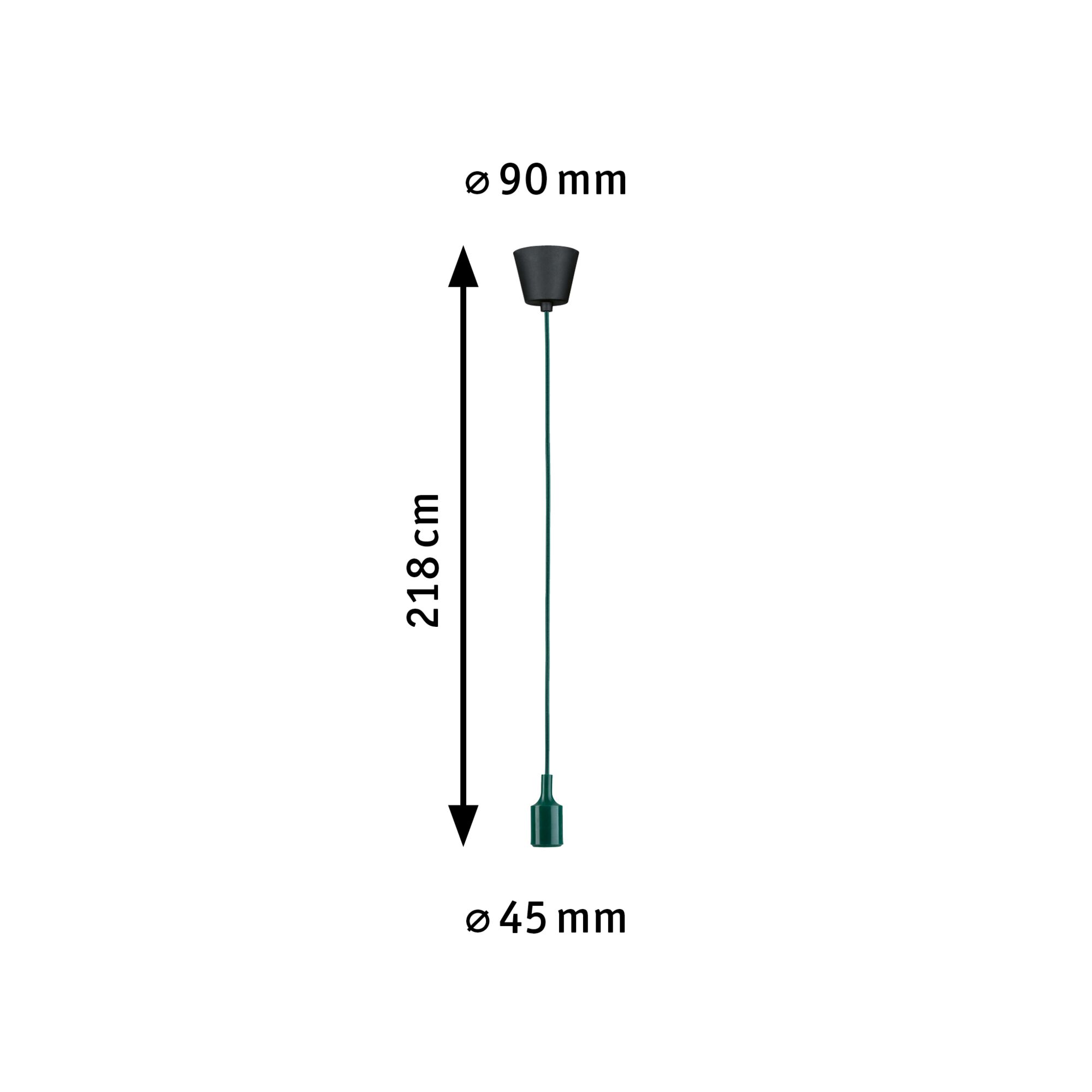 Grünes Kabelpendel mit schwarzer Deckenhalterung, Länge 218 cm, Durchmesser 45 mm und 90 mm.