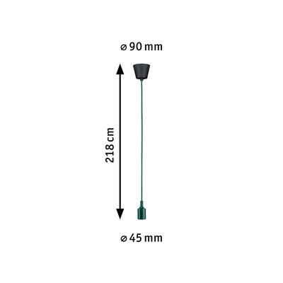 Grünes Kabelpendel mit schwarzer Deckenhalterung, Länge 218 cm, Durchmesser 45 mm und 90 mm.