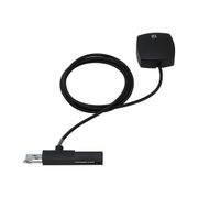 Schwarzes elektrisches Verbindungskabel mit Stecker und quadratischem Gehäuse aus Kunststoff
