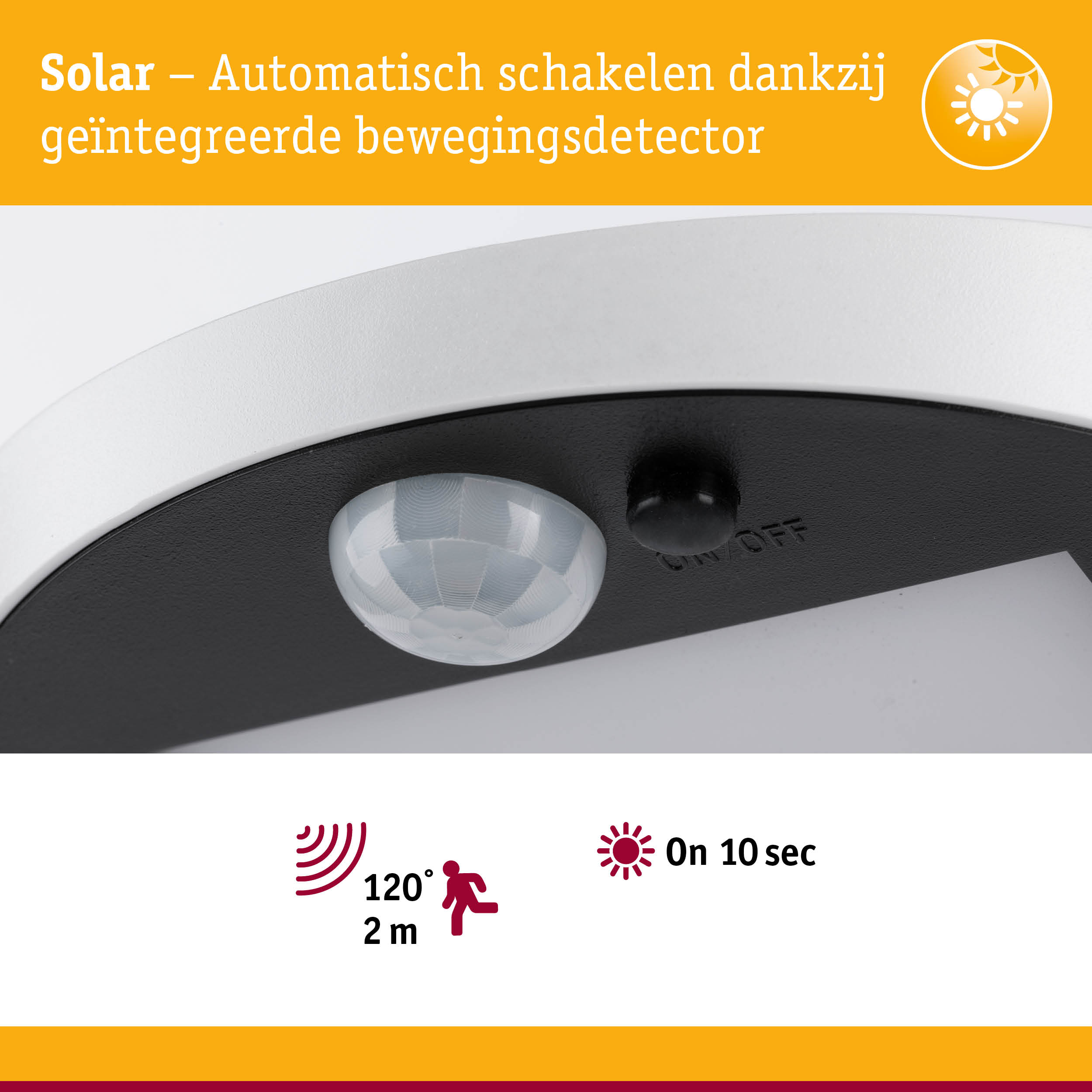 Close-up van witte solar bewegingsmelder met geïntegreerde sensor en automatische schakelfunctie