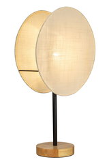 Modern table lamp with round beige fabric shades and wooden base for ambient lighting