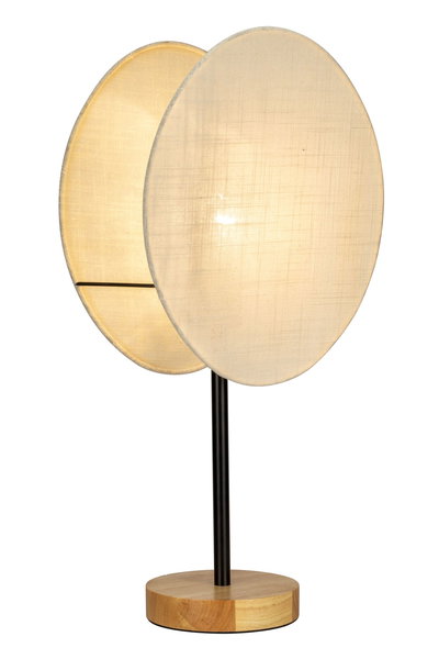 Modern table lamp with round beige fabric shades and wooden base for ambient lighting