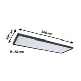 Flat rectangular black LED ceiling light with white diffuser, dimensions 580x200x28 mm