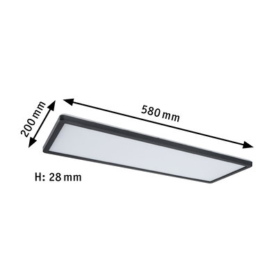 Flat rectangular black LED ceiling light with white diffuser, dimensions 580x200x28 mm