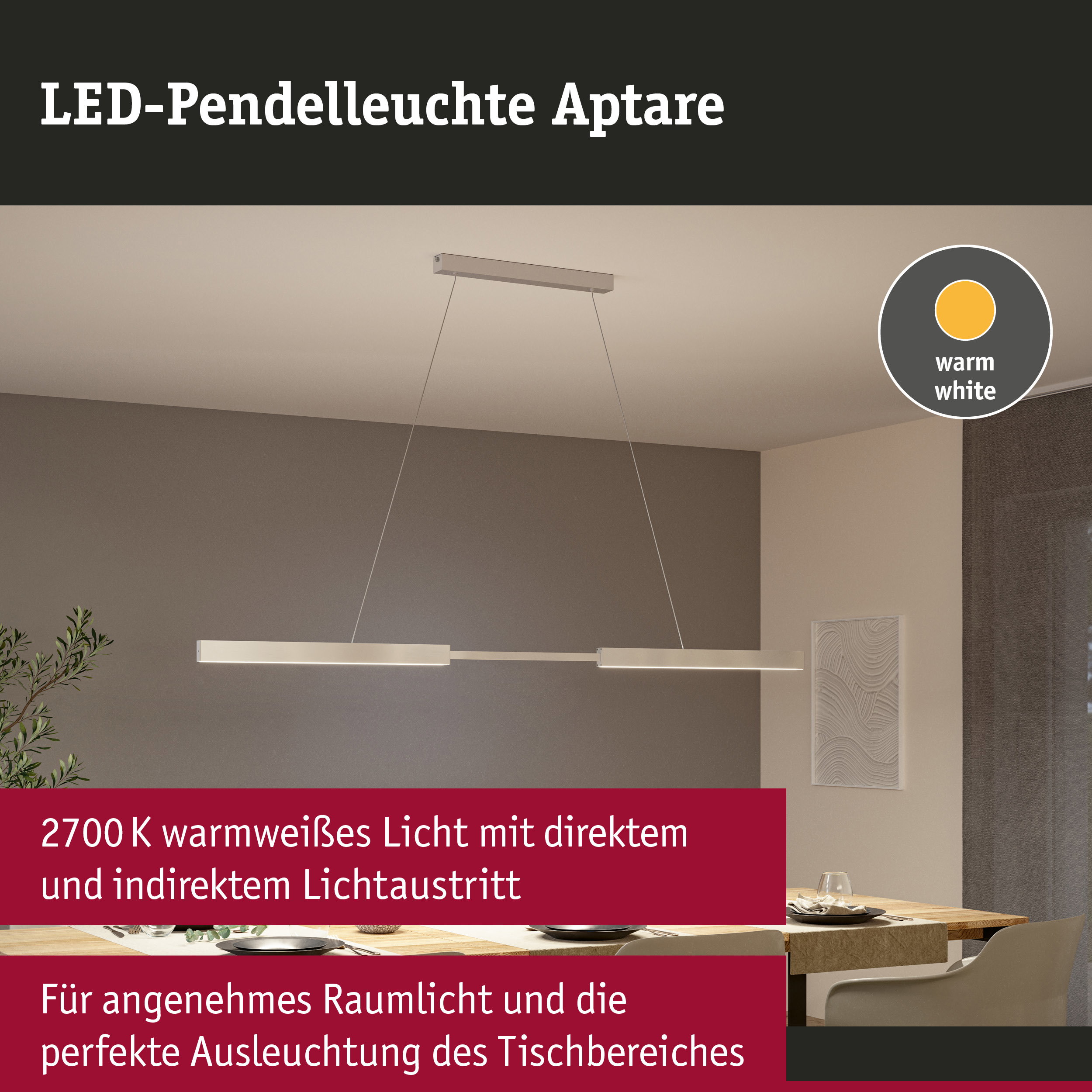 LED-Pendelleuchte Aptare in warmweißem Licht, moderne Hängeleuchte über Esstisch in Beige und Holz