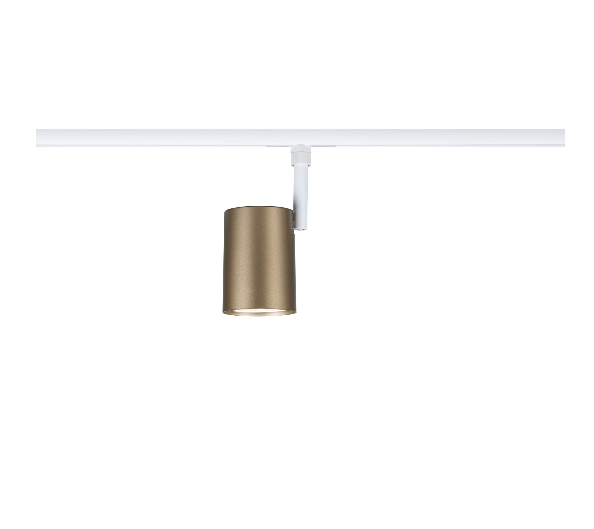 Modern gold metal LED ceiling spotlight with white track system for accent lighting in interiors