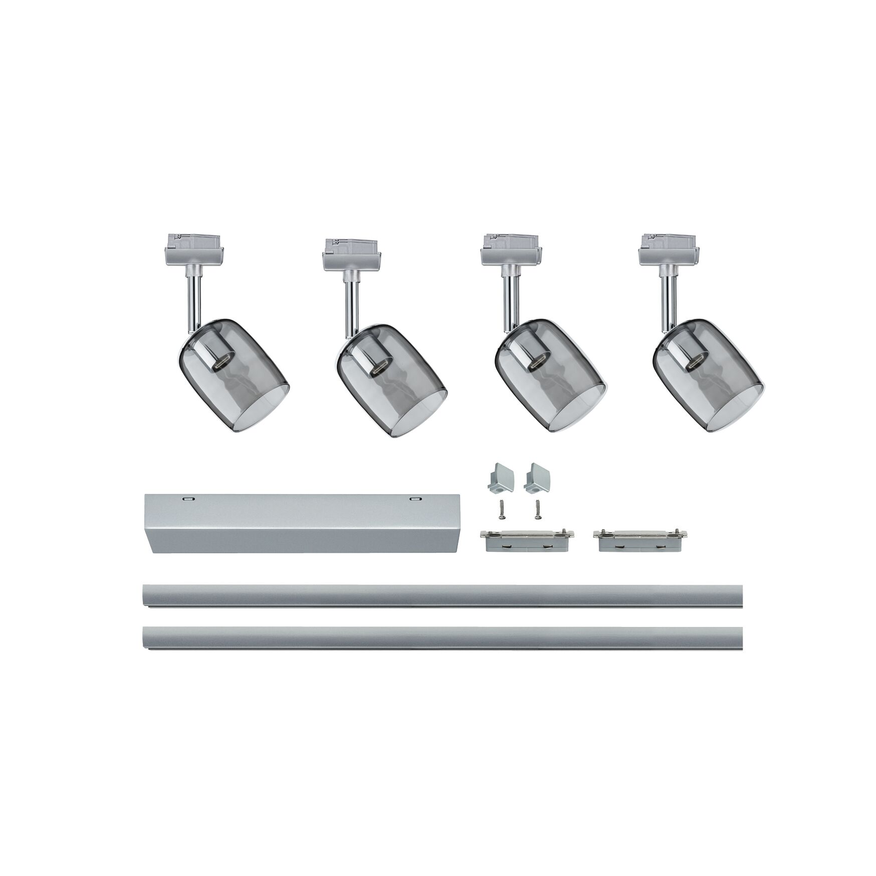 Four grey LED spotlights with transparent glass and mounting parts for track lighting systems.