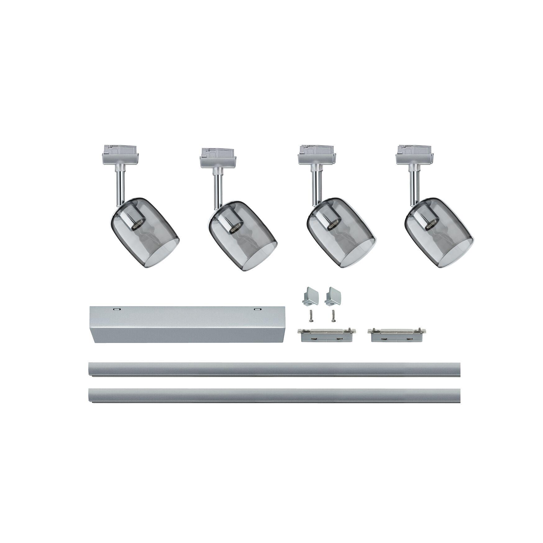 Set of four adjustable LED spotlights with grey glass covers and silver metal housing for modern indoor lighting
