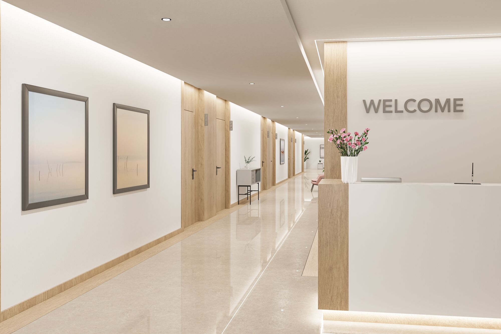 Moderne receptieruimte met LED-plafondverlichting, houten accenten, lichte vloer en minimalistisch interieur