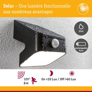 Applique solaire noire avec détecteur de mouvement, étanche IP65, batterie rechargeable et angle de détection 120°