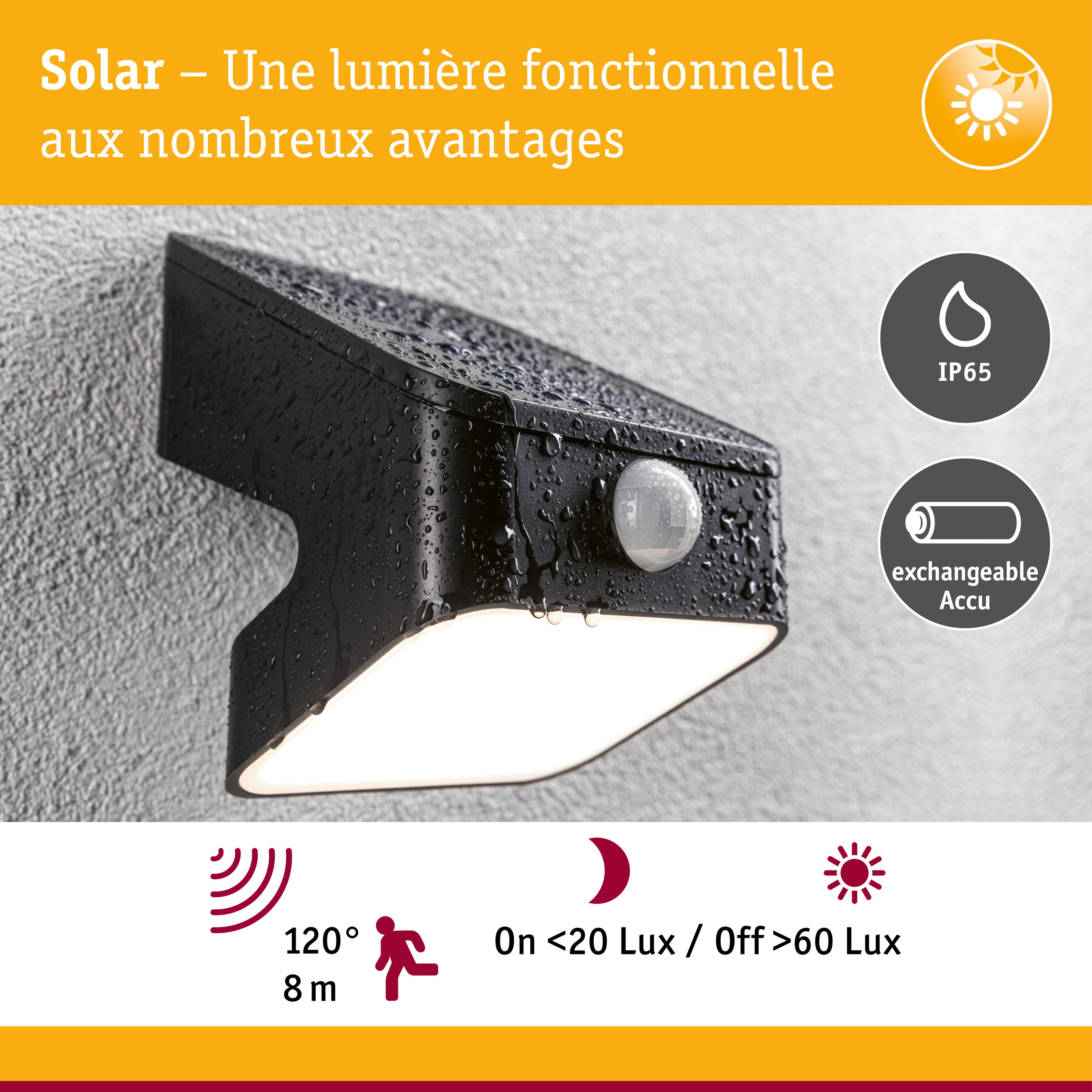 Applique solaire noire avec détecteur de mouvement, étanche IP65, batterie rechargeable et angle de détection 120°
