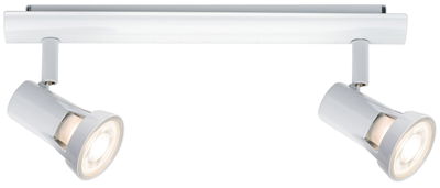 Modern white metal LED ceiling spotlight with two adjustable heads for accent lighting