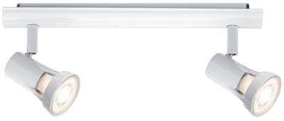 Modern white metal LED ceiling spotlight with two adjustable heads for accent lighting