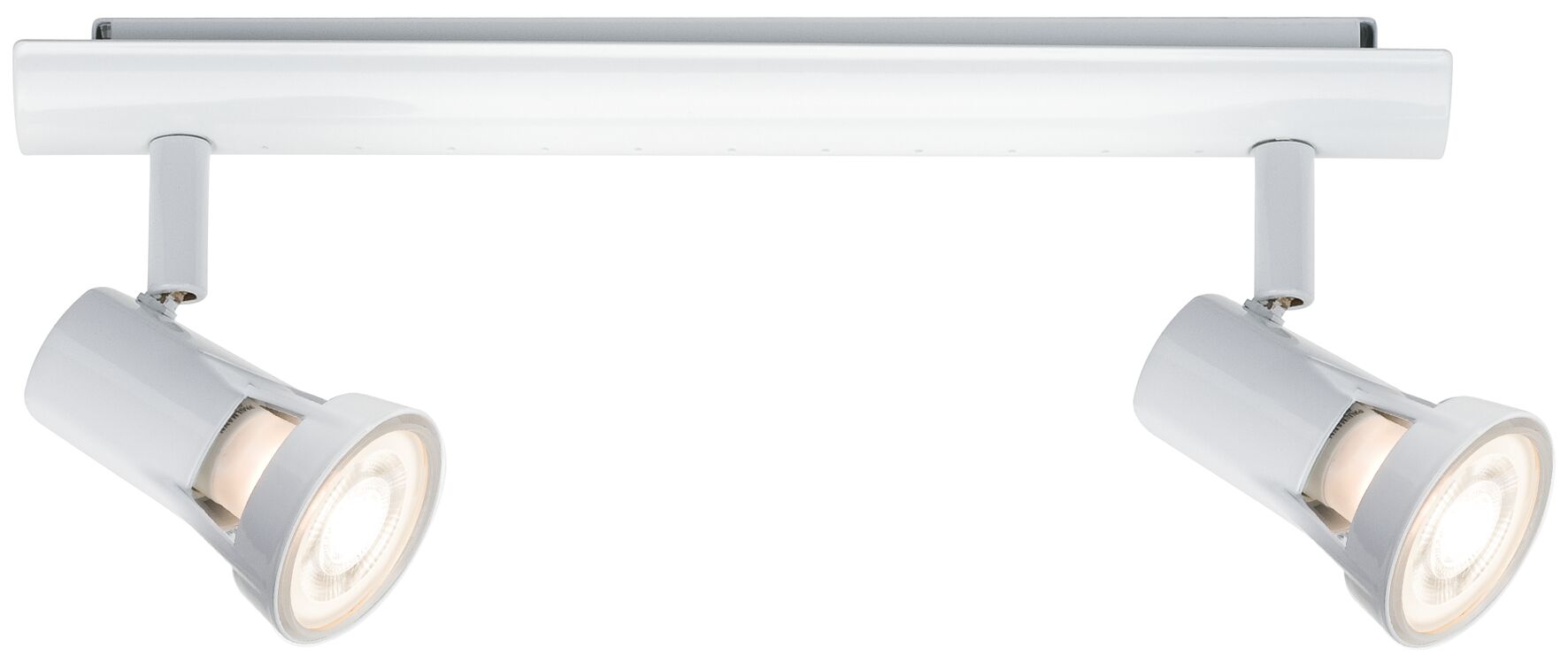Moderner weißer LED-Deckenstrahler aus Metall mit zwei verstellbaren Spots für Akzentbeleuchtung