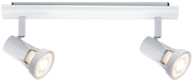 Modern white metal LED ceiling spotlight with two adjustable heads for accent lighting