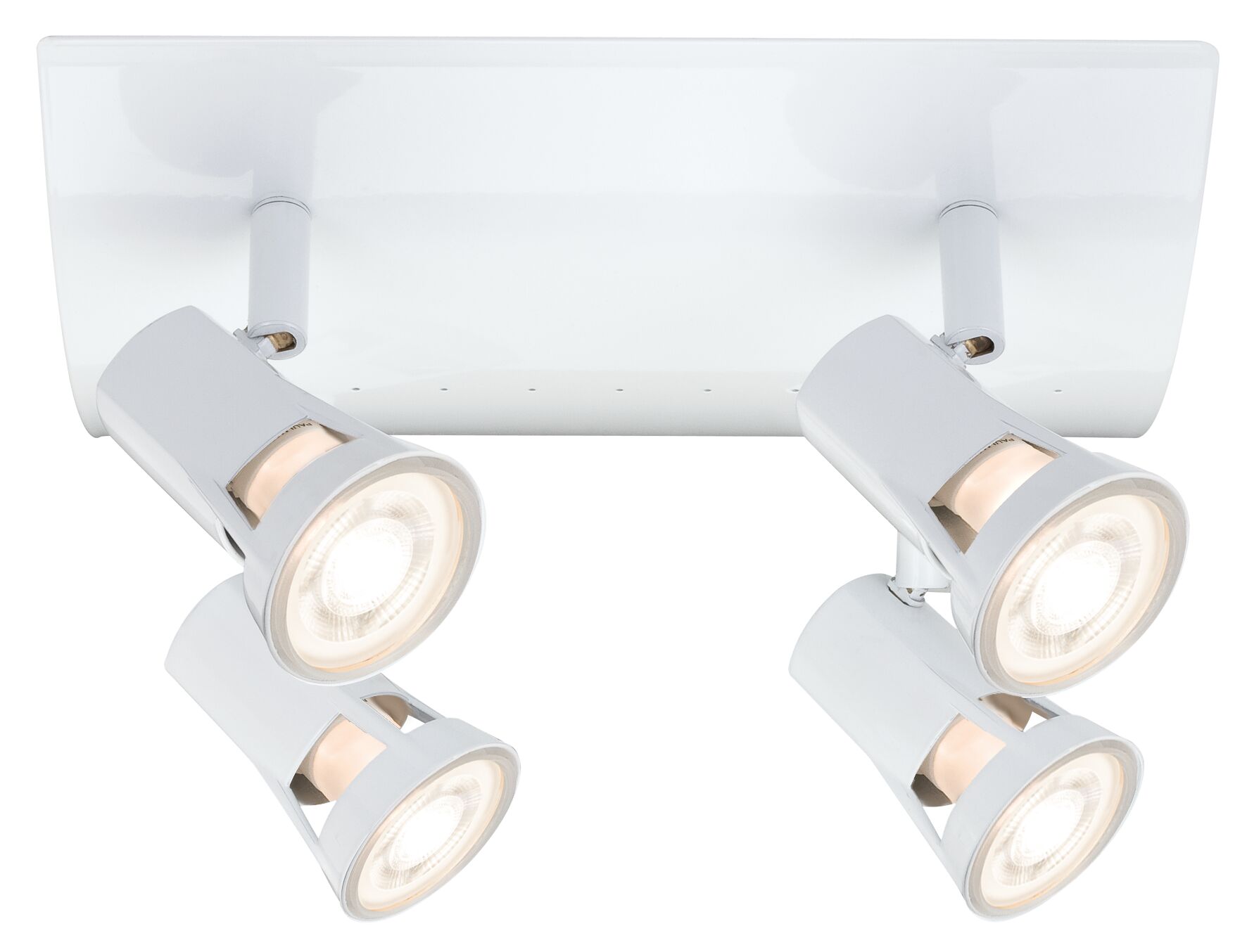 Plafonnier blanc avec quatre spots métalliques orientables pour un éclairage moderne