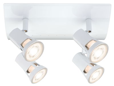 Plafonnier blanc avec quatre spots métalliques orientables pour un éclairage moderne