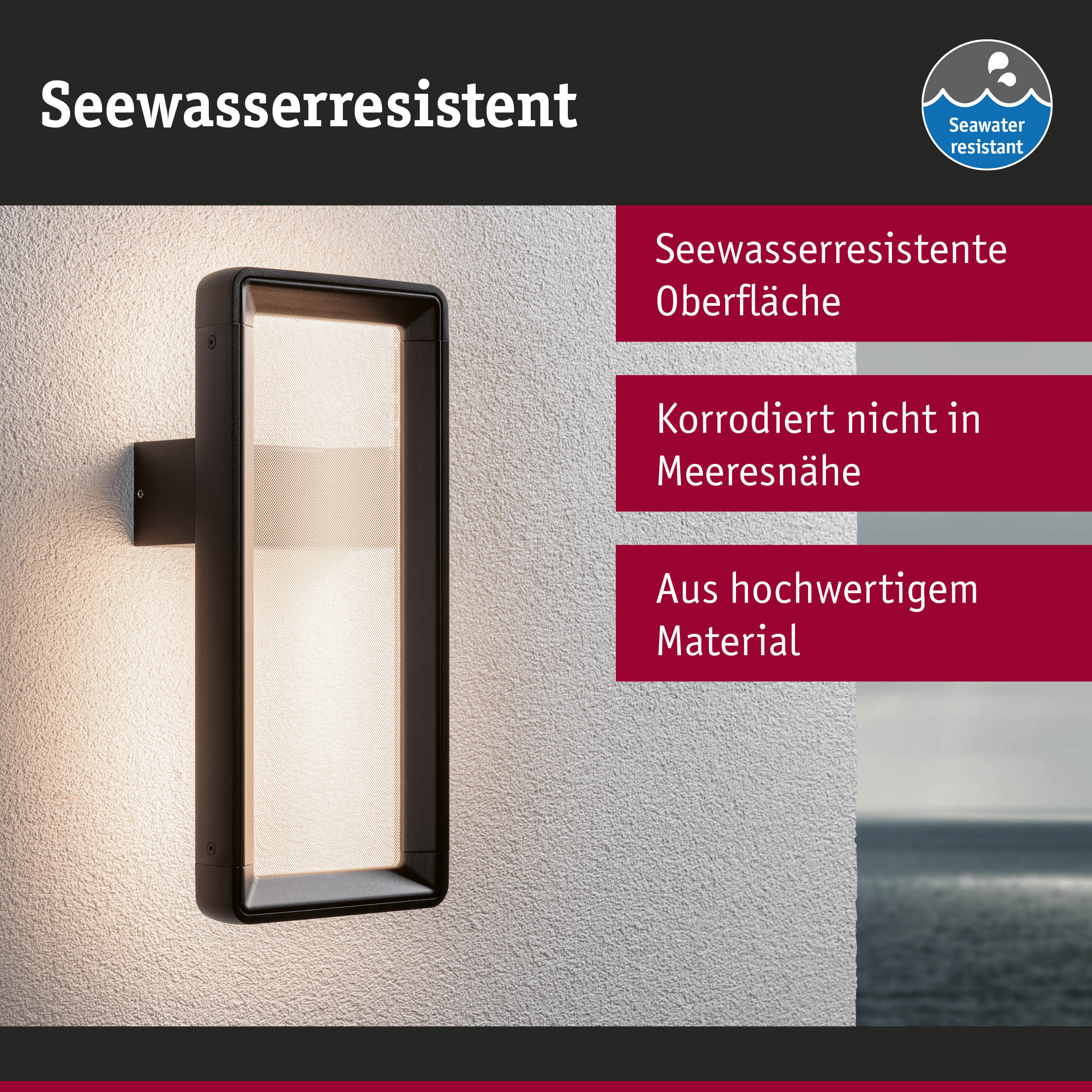 Seewasserresistenter schwarzer Außenwandleuchte mit hochwertiger Materialoberfläche und LED-Beleuchtung