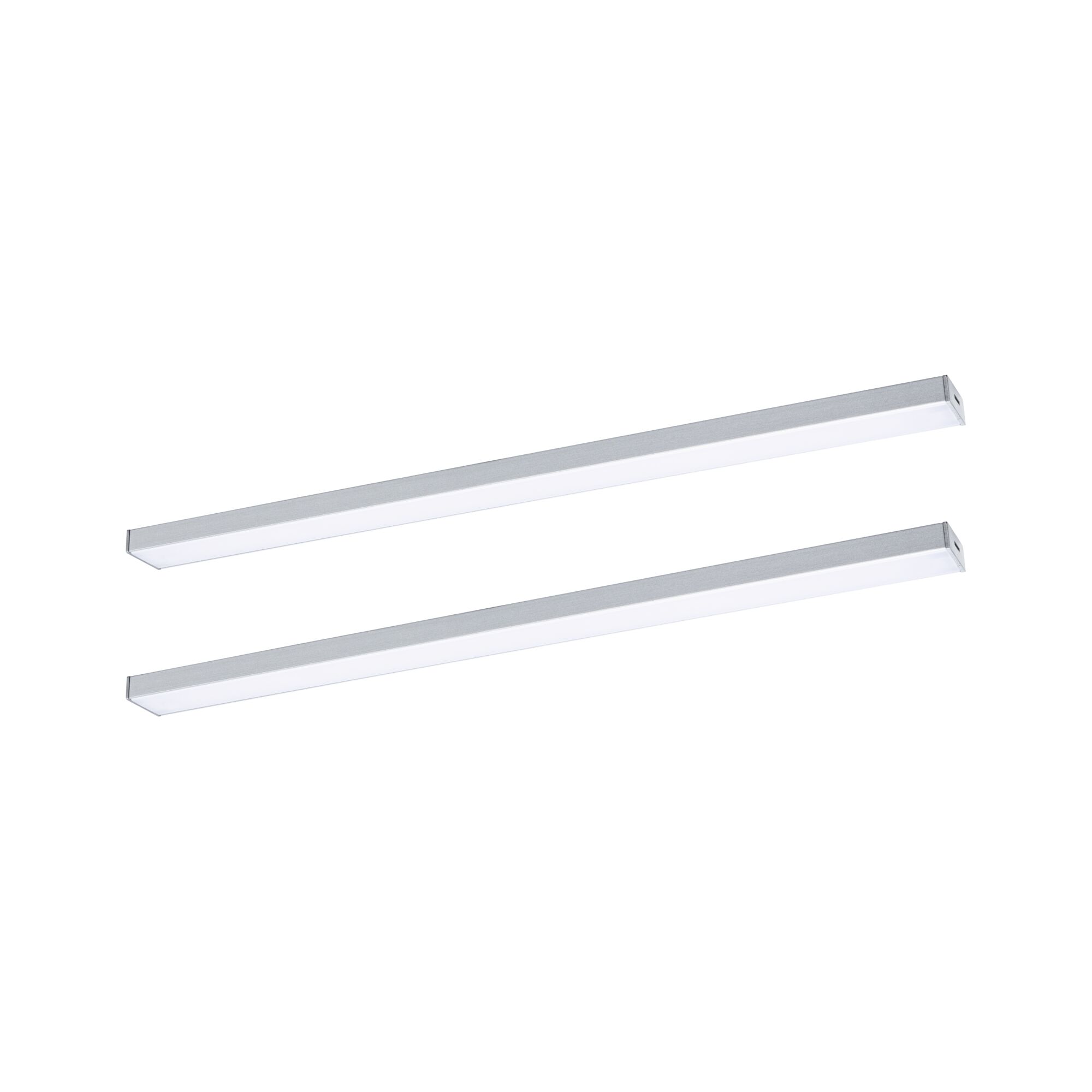 Two slim silver aluminum LED under-cabinet lights for modern kitchen lighting solutions.