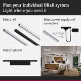 Modular URail system with rails, power supply, connectors, and black lightbar for customizable lighting solutions