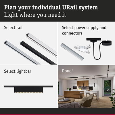 Modular URail system with rails, power supply, connectors, and black lightbar for customizable lighting solutions